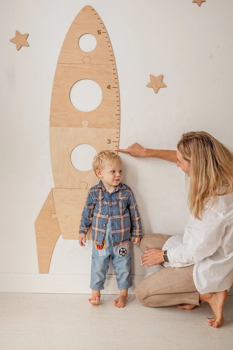 Rocket growth chart - personalized wooden height chart, space nursery decoration