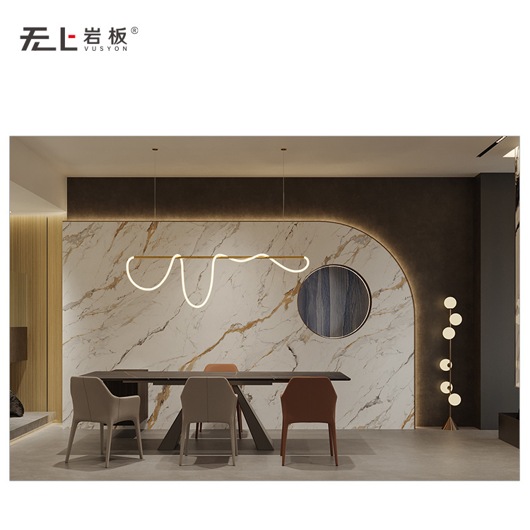 Foshan Artificial Quartz Calacatta Luxe Gold Color Tile Slab Feature Dining Room Wall Cladding