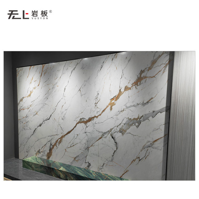 Foshan Artificial Quartz Calacatta Luxe Gold Color Tile Slab Feature Dining Room Wall Cladding