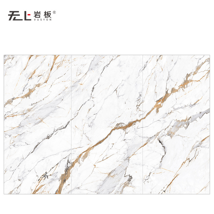 Foshan Artificial Quartz Calacatta Luxe Gold Color Tile Slab Feature Dining Room Wall Cladding