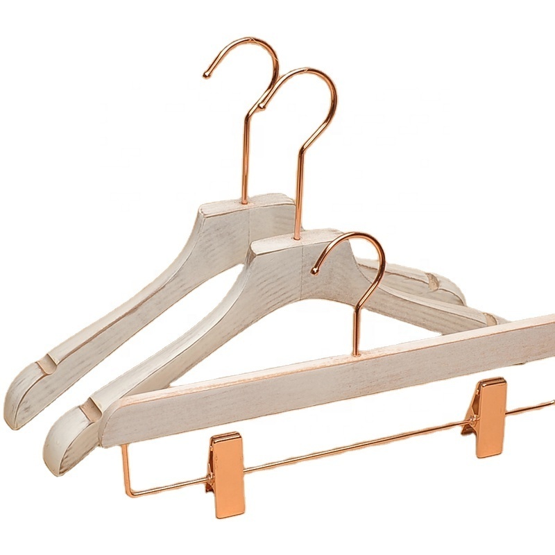 High Quality elegantly washed white solid wood clothes hanger With Gold Flat Hook