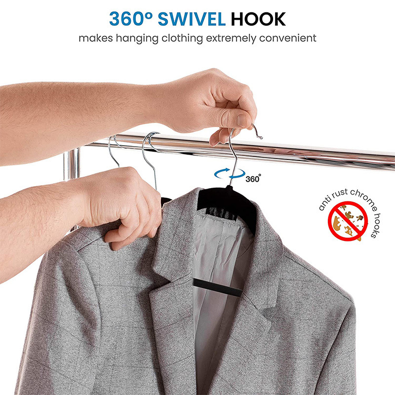 Non-slip ultra-thin space saving 360 rotary hook black velvet clothes hanger for coats suits