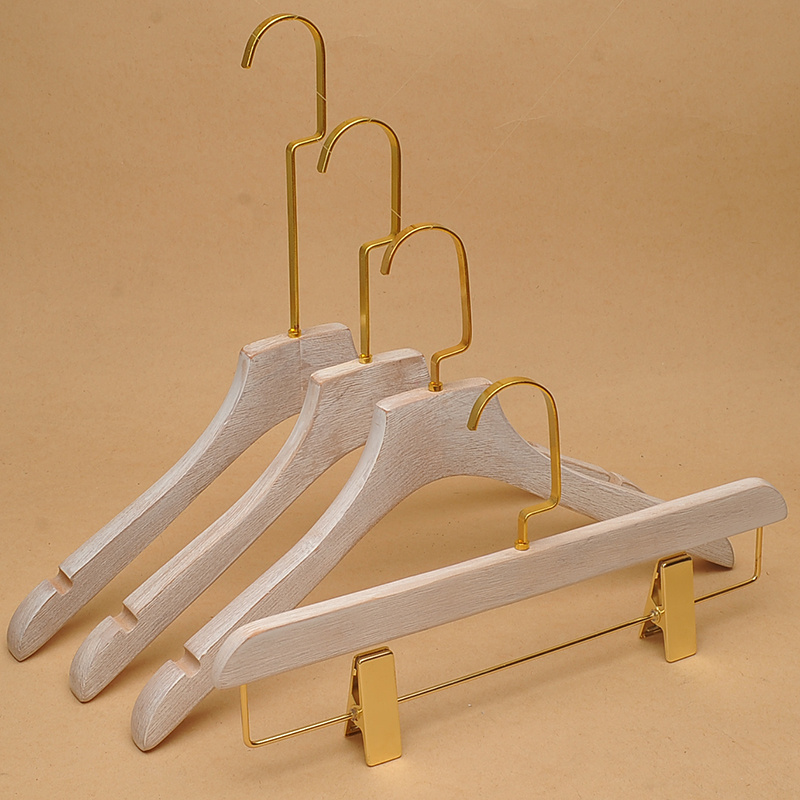 High Quality elegantly washed white solid wood clothes hanger With Gold Flat Hook