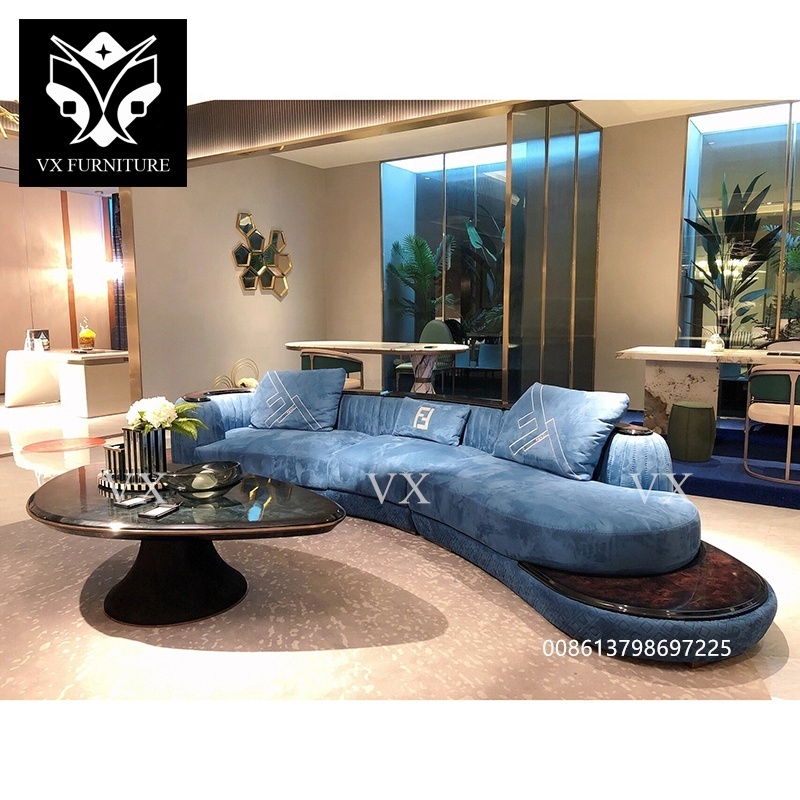 Luxury Leather Family Hall Sofa Couch Curved Salon Living Room Blue Curved Sectional Couch With Coffee Table