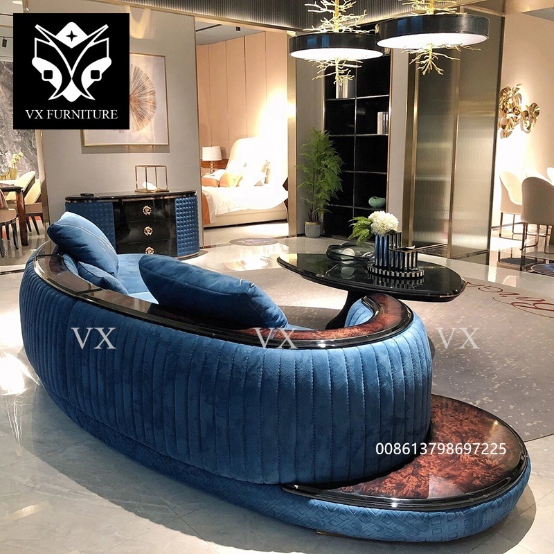 Luxury Leather Family Hall Sofa Couch Curved Salon Living Room Blue Curved Sectional Couch With Coffee Table