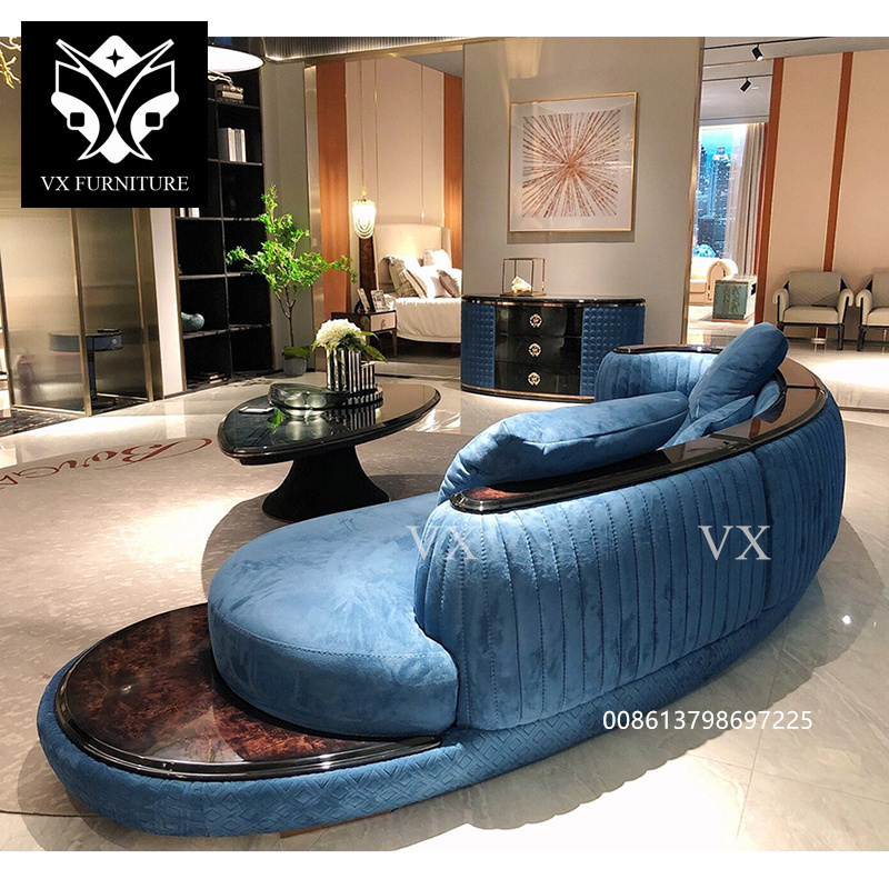 Luxury Leather Family Hall Sofa Couch Curved Salon Living Room Blue Curved Sectional Couch With Coffee Table