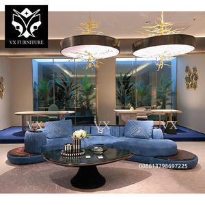 Luxury Leather Family Hall Sofa Couch Curved Salon Living Room Blue Curved Sectional Couch With Coffee Table