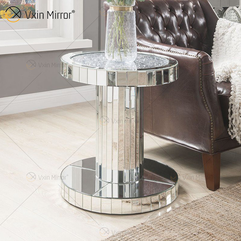 Modern Luxury Glass Top Round Diamond Mirror Coffee Table Wholesale Home Living Room Wooden Crushed Diamond Gold Coffee Table