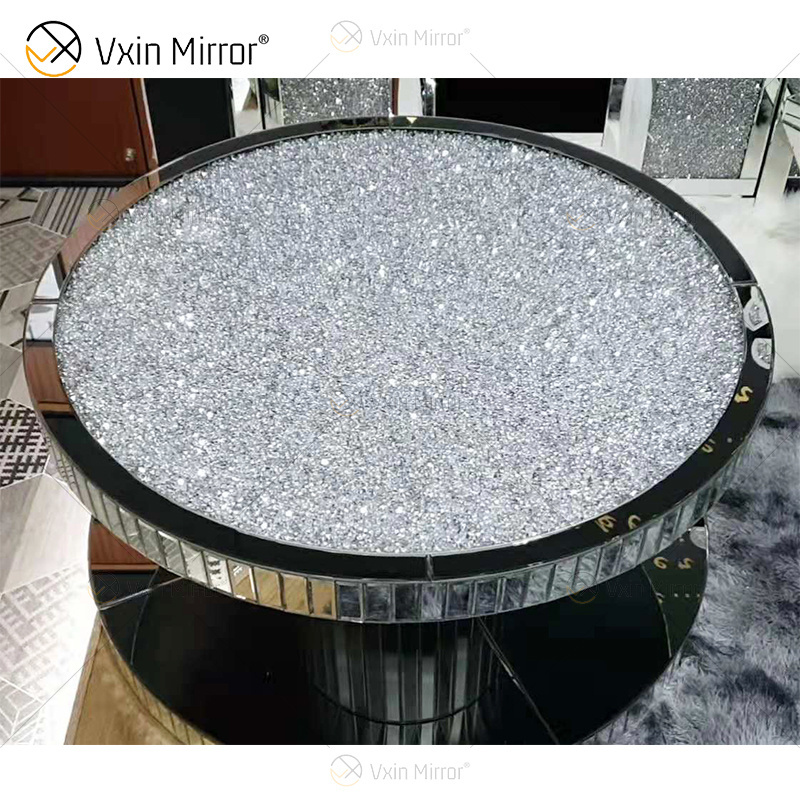 Modern Luxury Glass Top Round Diamond Mirror Coffee Table Wholesale Home Living Room Wooden Crushed Diamond Gold Coffee Table