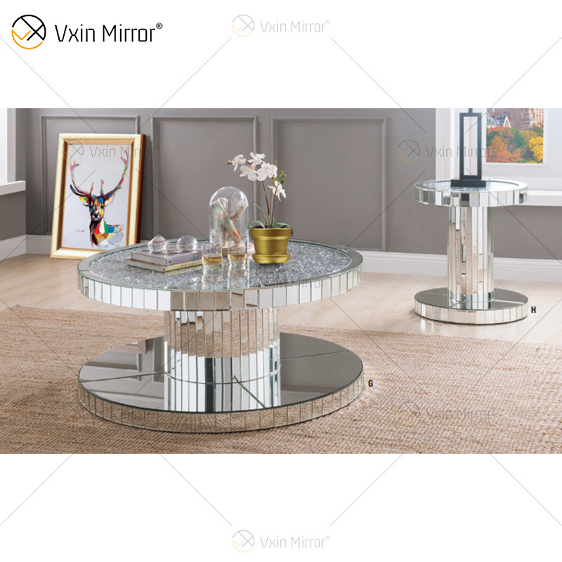 Modern Luxury Glass Top Round Diamond Mirror Coffee Table Wholesale Home Living Room Wooden Crushed Diamond Gold Coffee Table