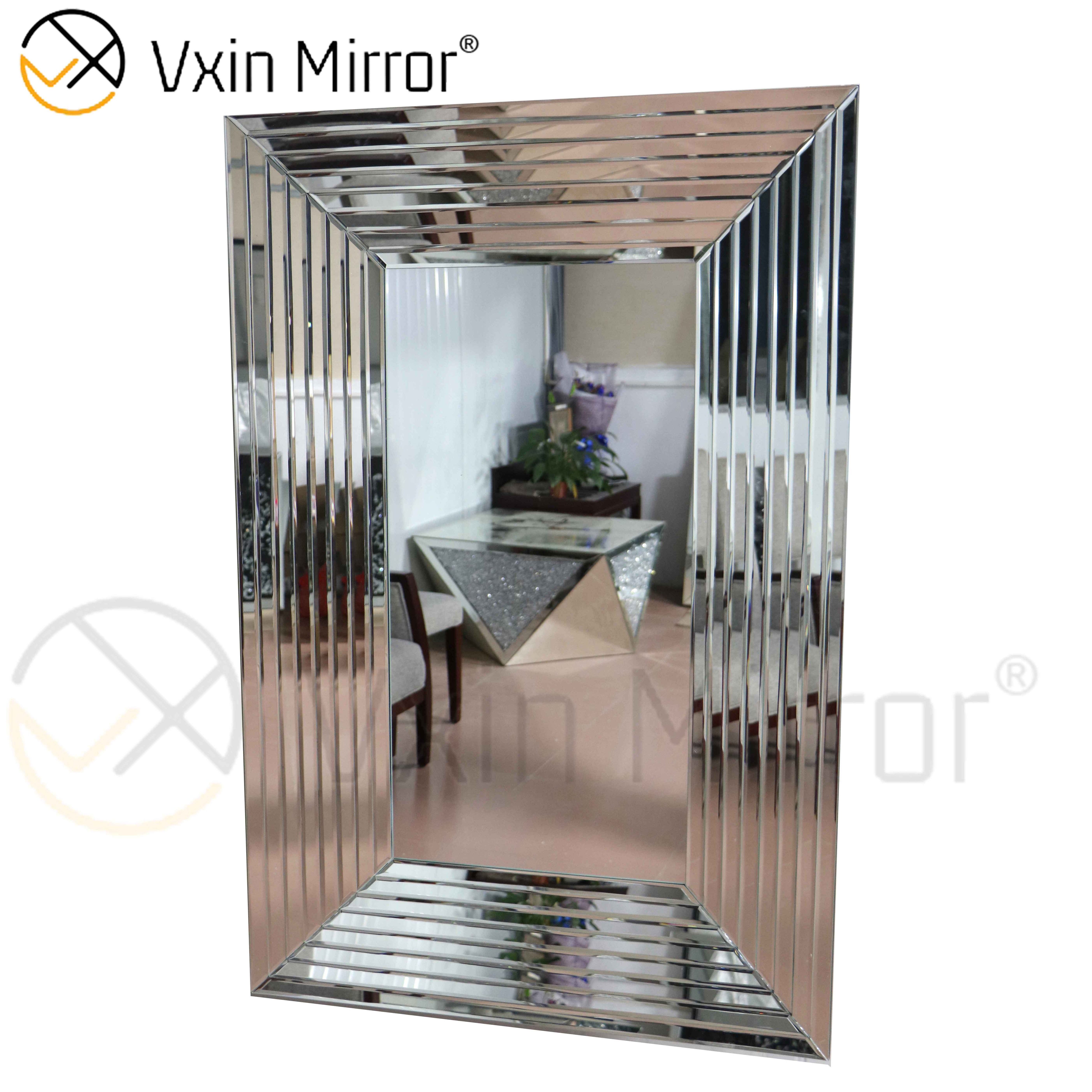 Modern Silver Wall Large Luxury Long Mirror Wooden Geometric Art Design 3D Stereoscopic Home Entryway Decorative Wall Mirror