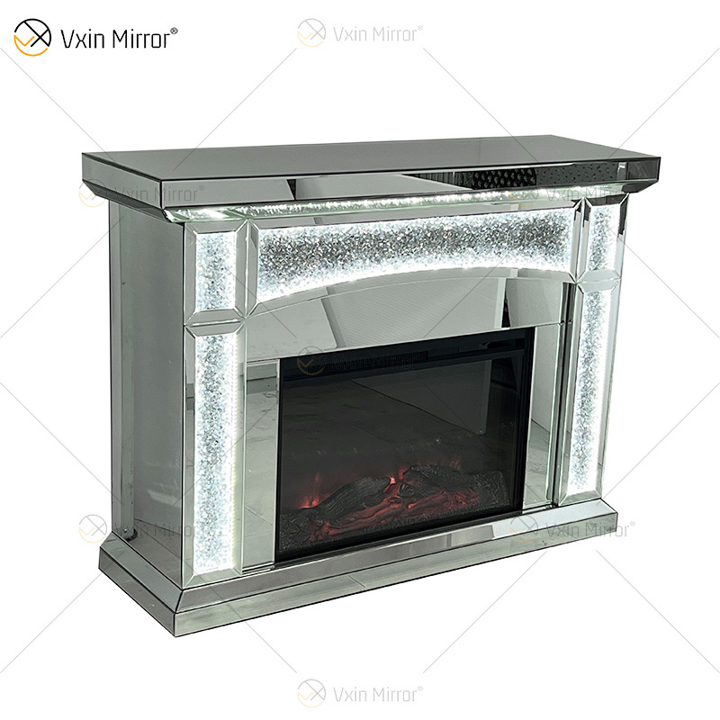 WXF-1029 New Design LED Silver Crystal Glass Living Room Fireplace Mirror with Insert Home Furniture for Indoor Use