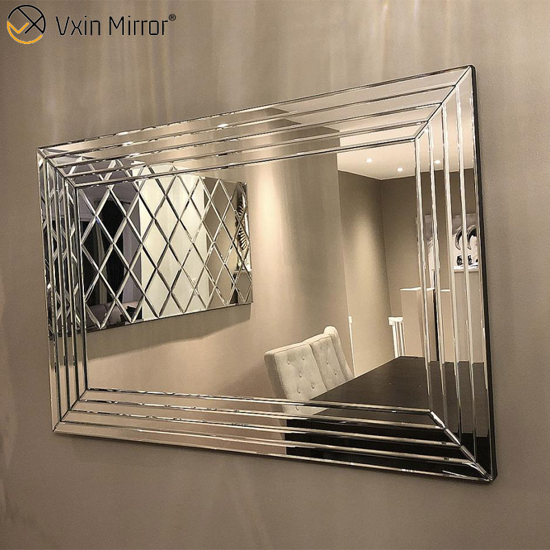 Modern Silver Wall Large Luxury Long Mirror Wooden Geometric Art Design 3D Stereoscopic Home Entryway Decorative Wall Mirror