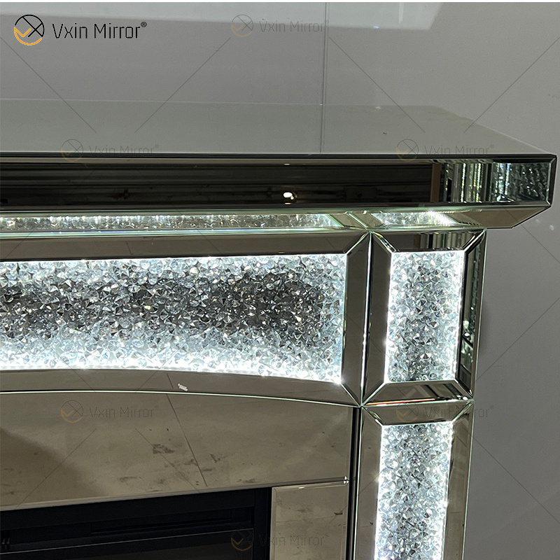 WXF-1029 New Design LED Silver Crystal Glass Living Room Fireplace Mirror with Insert Home Furniture for Indoor Use