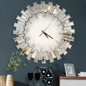 Luxury Fashion Round 3D Mirror Wall Clock Modern Large Home Decoration Handcrafted Wooden Crystal Wall Decoration Wall Clock