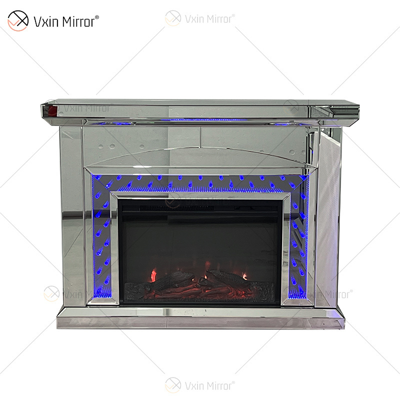 New Design WXF-1078 LED Silver Crystal Glass Living Room Mirror Fireplace with Insert Home Furniture for Indoor Living Room Use