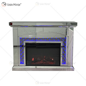 New Design WXF-1078 LED Silver Crystal Glass Living Room Mirror Fireplace with Insert Home Furniture for Indoor Living Room Use