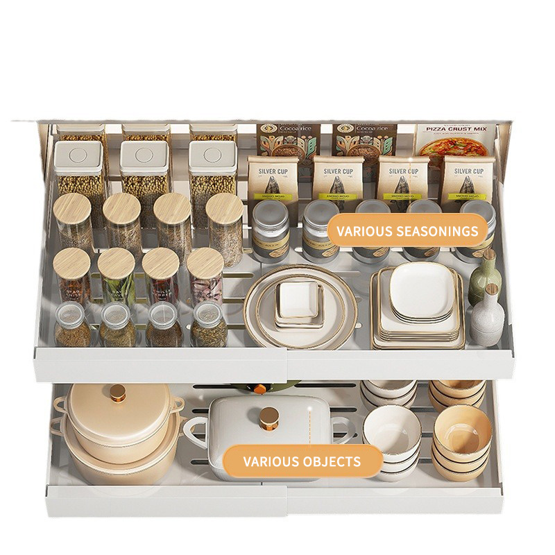 household adjustable pull out metal white Kitchen cabinets mesa slide spice rack tableware organization basket storage drawers