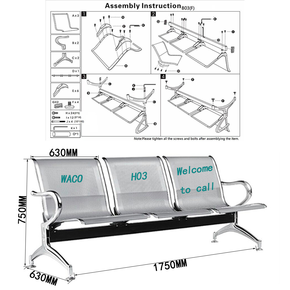 Factory Direct Sale Metal Steel 3 Seater Airport Waiting Chair Public Outdoor Furniture Chair Bench Garden Chair