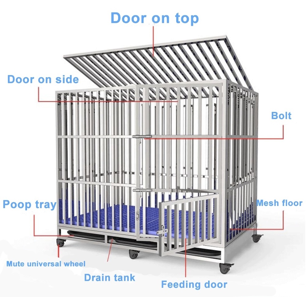 High quality square tube stainless steel pet cage dog cage with wheels dog crate