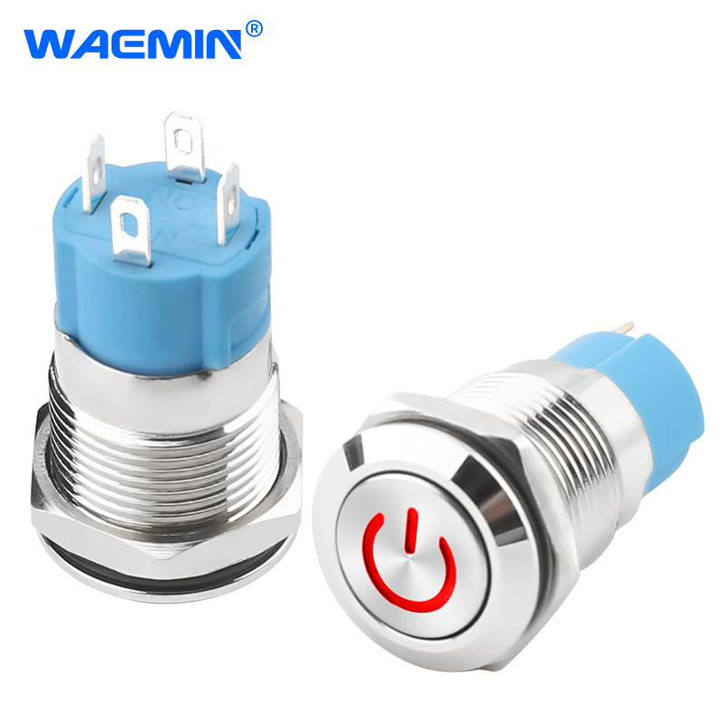 12mm Waterproof Buttons Switches Flat  Head Led Metal Latching Momentary Illuminated Switch  Push Button Switch