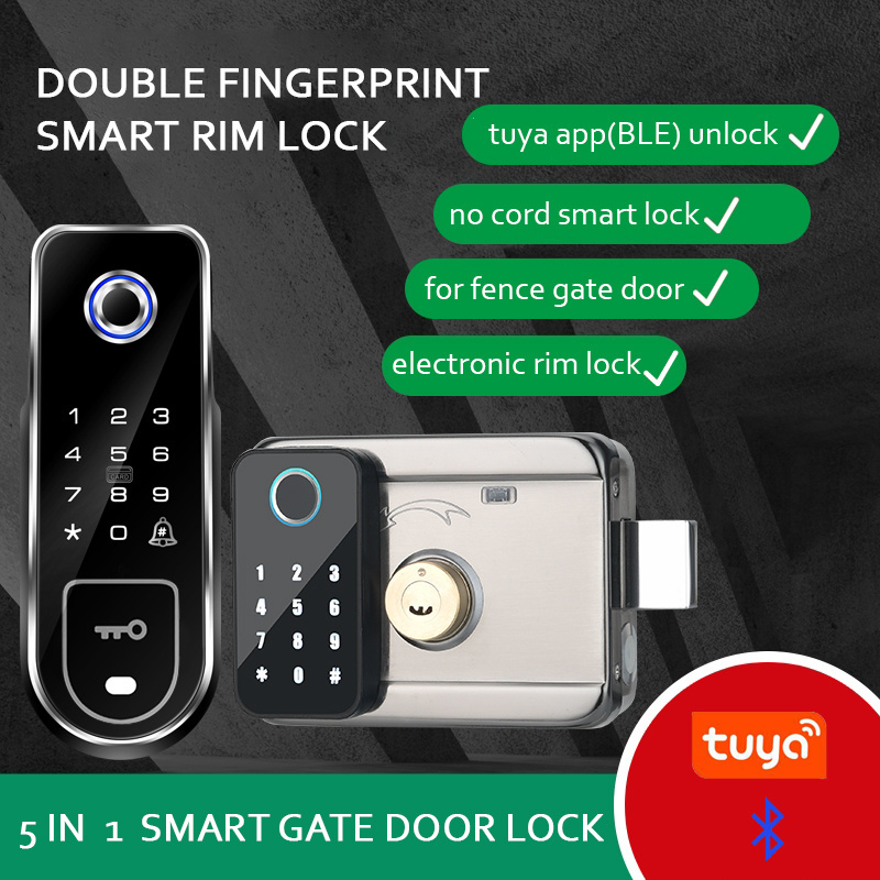 WF-002B tuya smart deadbolt double fingerprint lock keyless fechadura electronic smart rim door lock for outdoor gate waterproof