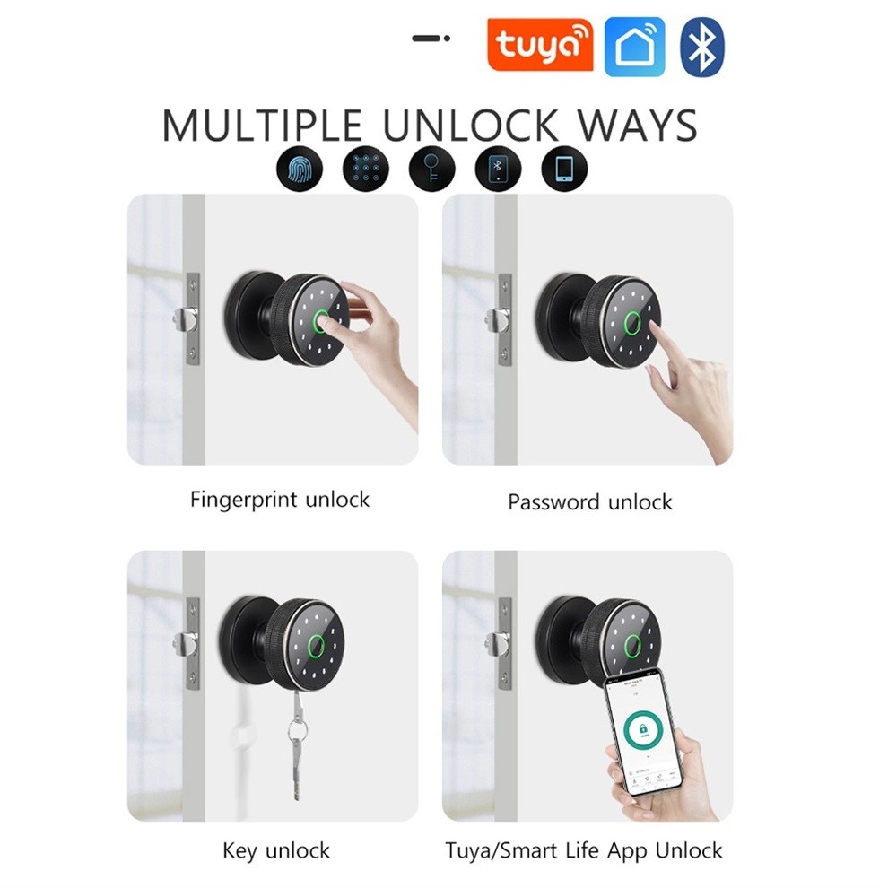 WAFU WF-Q3 Tuya Smart Life App Bluetooth Door Lock Intelligent Fingerprint Round Knob Door Lock Cerradura Inteligente Fechadura