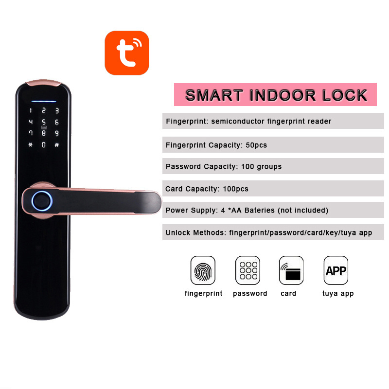 New Design Aluminum Alloy Card Password Fingerprint Key Electronic Smart Door Lock Tuya Smart wifi App Door Lock Home Security