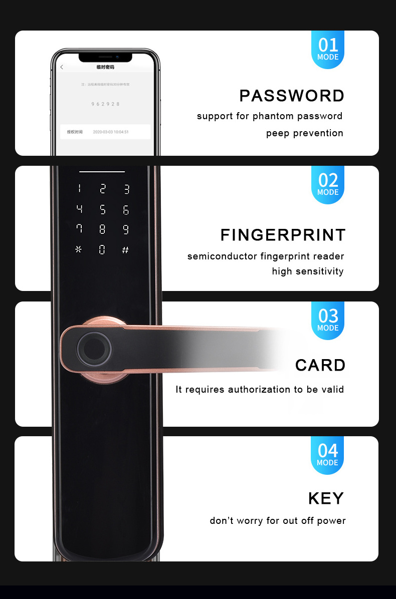 New Design Aluminum Alloy Card Password Fingerprint Key Electronic Smart Door Lock Tuya Smart wifi App Door Lock Home Security