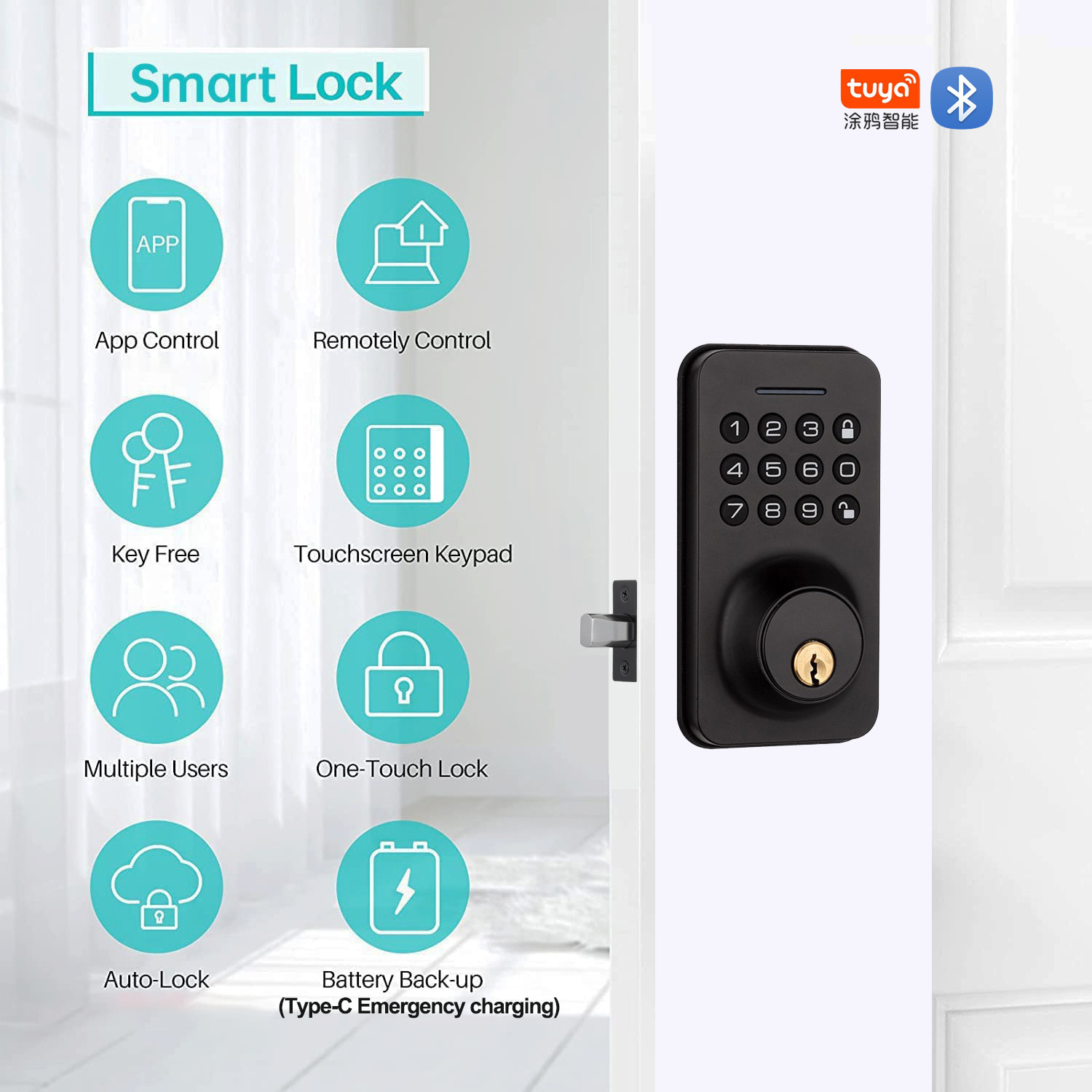 WAFU Hot Sale Bluetooth Smart Lock Tuya with Keypad & Machine Key Electronic Digital Door Lock Automatic Deadbolt Lock for Home