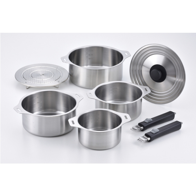 EM-032 IH stainless steel cookware set sauce pans steamer plate removable handle 16cm,18cm,20cm