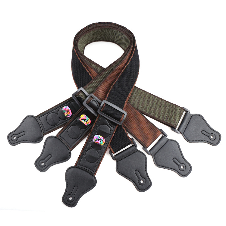 Professional Guitar Strap Manufacturer Hot Selling 3 Picks Pocket Leather Ends Cotton Guitar Strap