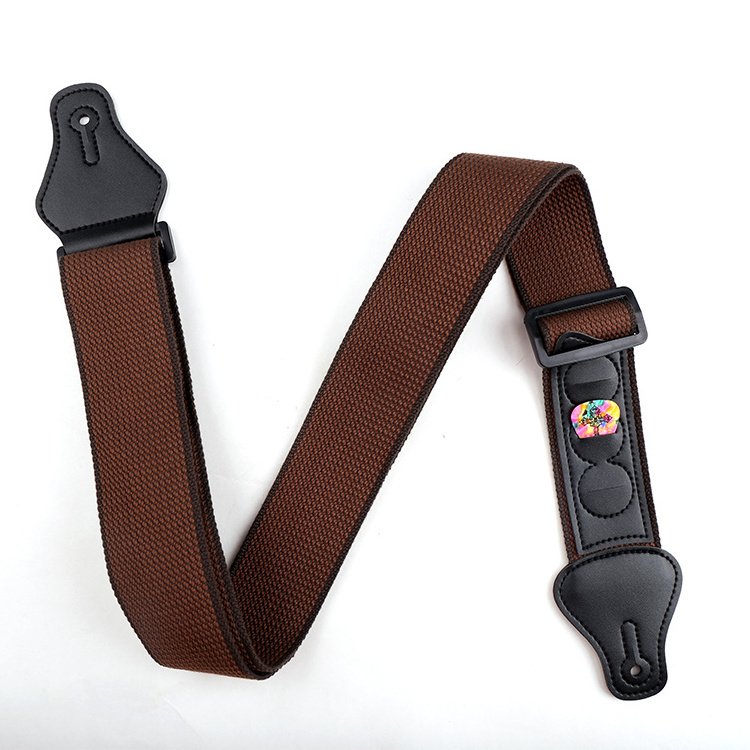 Professional Guitar Strap Manufacturer Hot Selling 3 Picks Pocket Leather Ends Cotton Guitar Strap