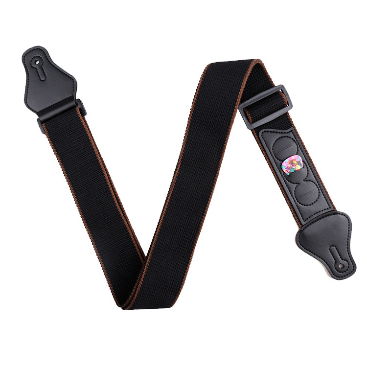 Professional Guitar Strap Manufacturer Hot Selling 3 Picks Pocket Leather Ends Cotton Guitar Strap