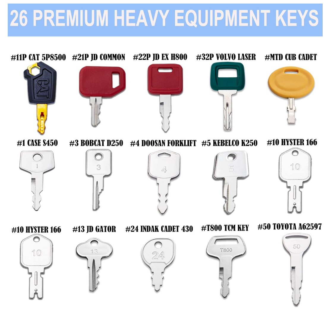 26 Heavy Equipment Keys Set Machine Ignition Keys Fits Caterpillar Geine JCB Toyota Hyster Komatsu Kubota Key Ignition Switch