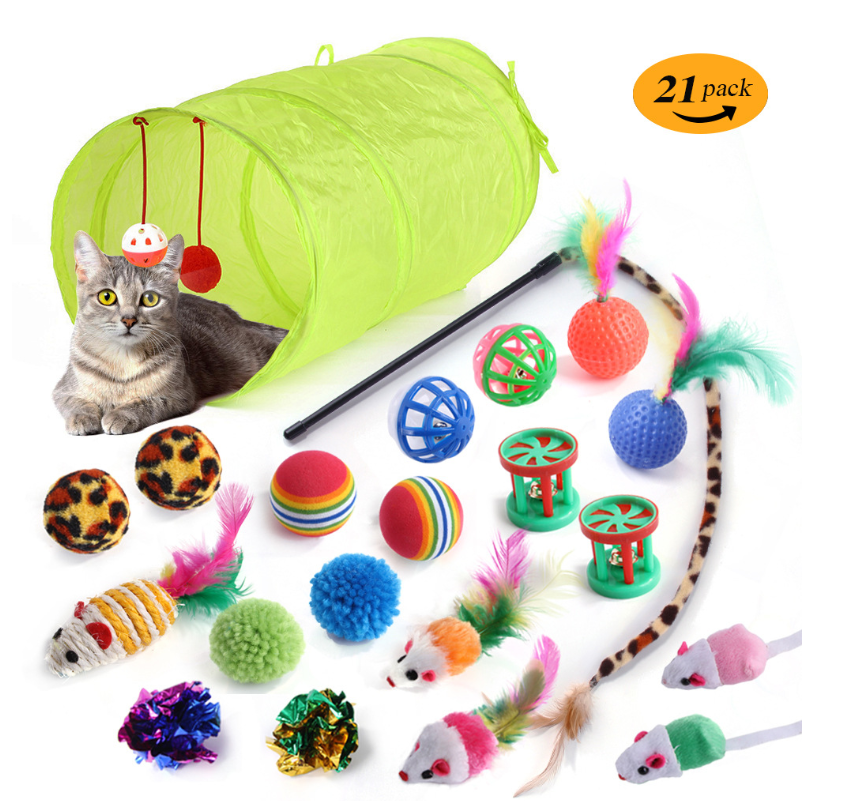 factory interactive cat toy set Kitten Toys pack Tunnel Cat Feather Teaser Wand Toy Fluffy Mouse Crinkle Balls