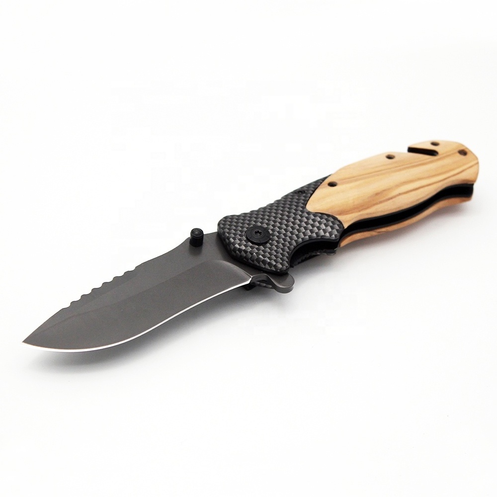 Custom X50 Personalized Engraved Olive Wood Handle Folding Tactical Survival Camping Pocket Knife for Outdoor