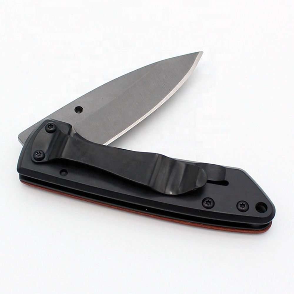 Engraved Wood Handle Outdoor Pocket Camping Survival Tactical Folding Knife with Belt Clip