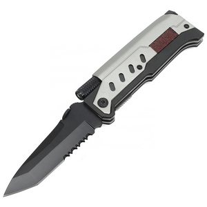 Wholesale Aluminium Handle Blackening Blade Camping Survival Folding Pocket Knife with Fire Starter and Flashlight