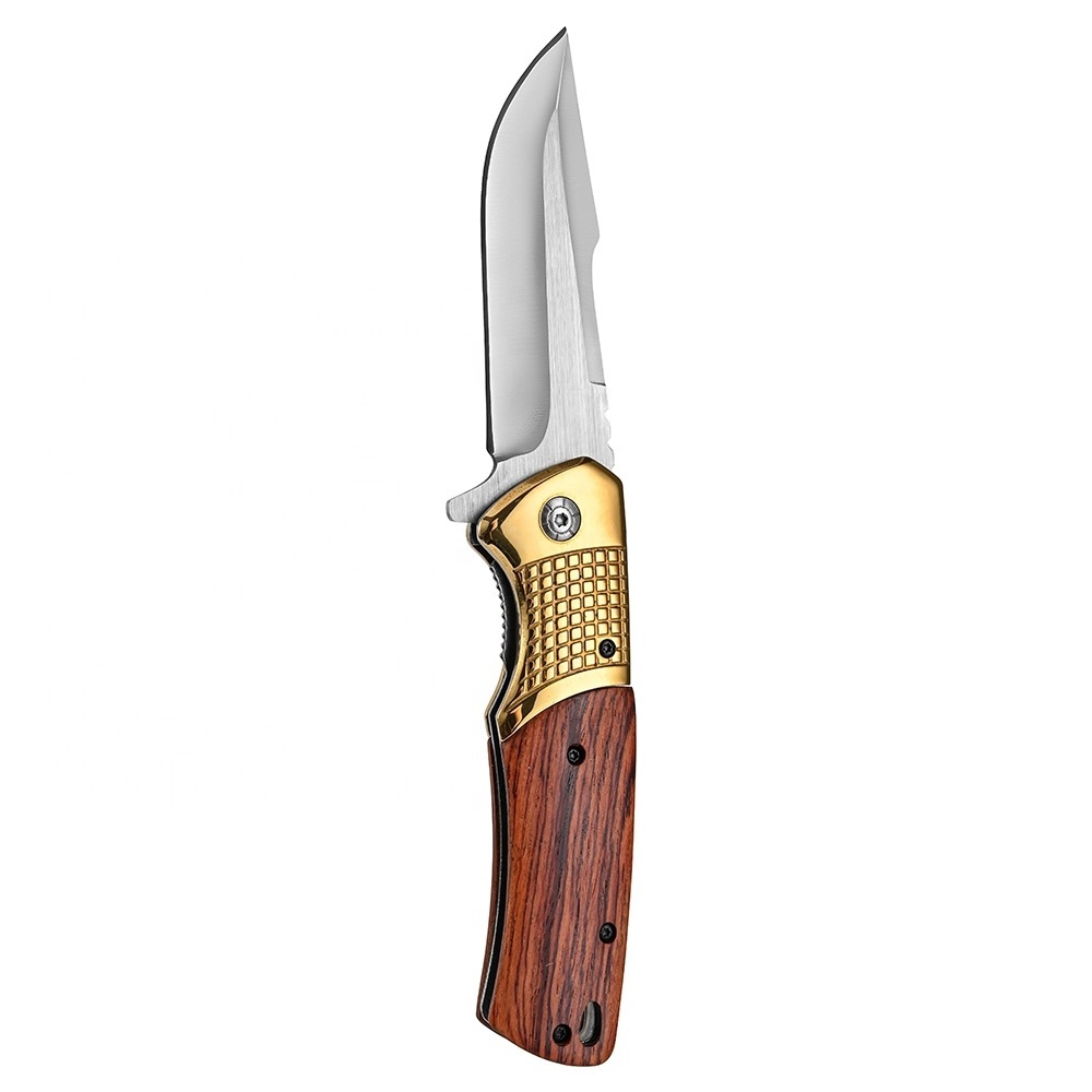 Wholesale  Acid Twig Wood Handle  Pocket  Folding Tactical Survival Camping Knife with Belt Clip