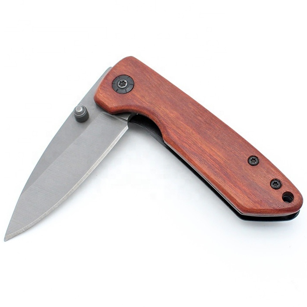 Engraved Wood Handle Outdoor Pocket Camping Survival Tactical Folding Knife with Belt Clip