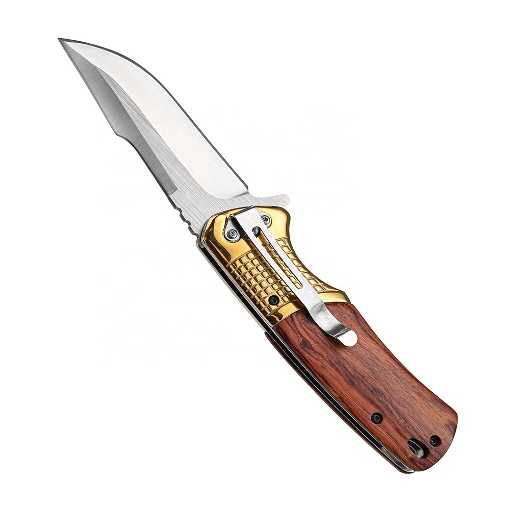 Wholesale  Acid Twig Wood Handle  Pocket  Folding Tactical Survival Camping Knife with Belt Clip