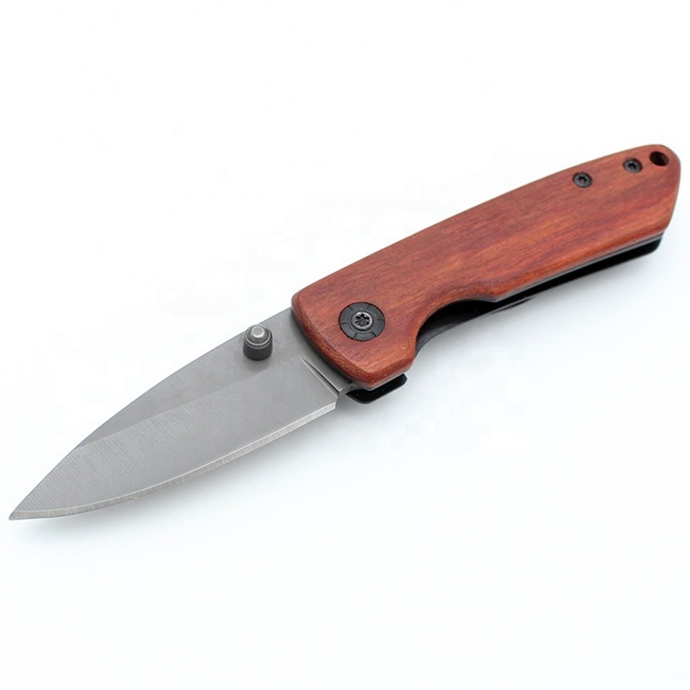 Engraved Wood Handle Outdoor Pocket Camping Survival Tactical Folding Knife with Belt Clip