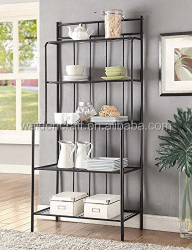 5-tier Black Metal Glass Shelves Kitchen Bakers Rack Stand