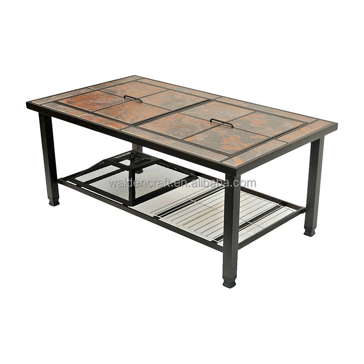 Rectangular Coffee Table, Cooler, Fire Pit and Grill with Ceramic Tile Top