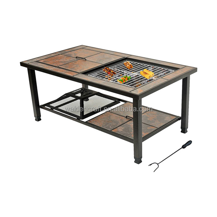 Rectangular Coffee Table, Cooler, Fire Pit and Grill with Ceramic Tile Top