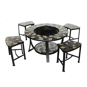 Round Mosaic Tile Convertible Fire Pit Table With 4 Coordinating Stools Complete Patio Set