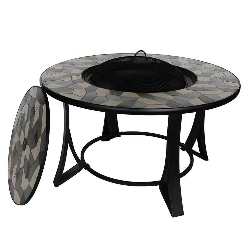 Round Mosaic Tile Convertible Fire Pit Table With 4 Coordinating Stools Complete Patio Set