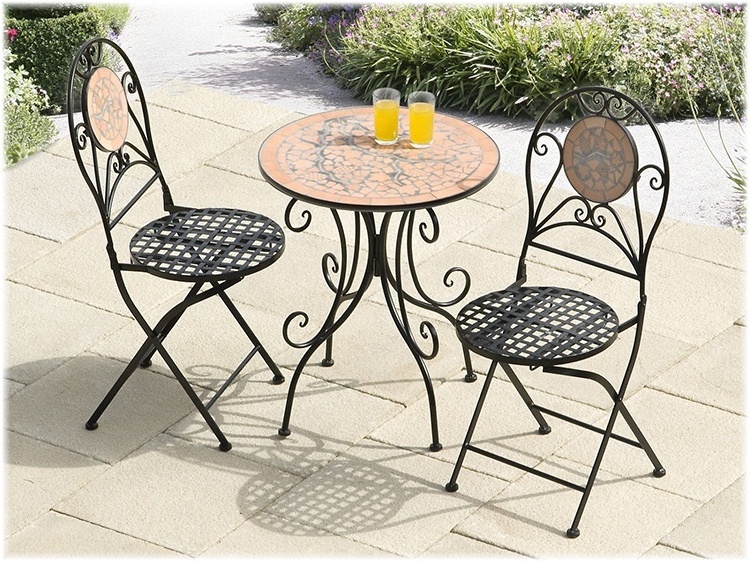 Mosaic Bistro Table Round 2 Iron Chairs Set Stone Tiles Top Patio Outdoor Garden