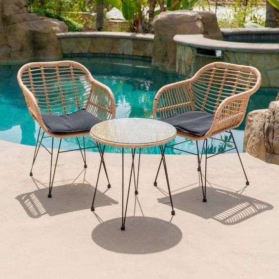 Outdoor Pool Furniture 3 Piece Wrought Iron Table and Chairs Patio Deck Outdoor Bistro Cafe Furniture Set